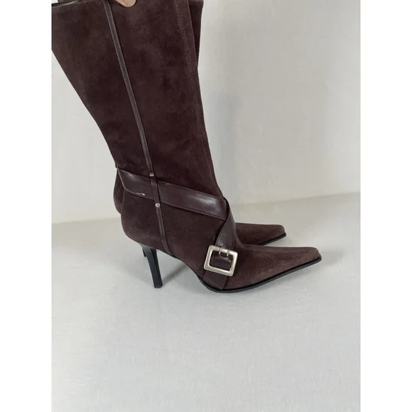 Y2K Brown Suede Leather Boots Guess By Marciano 10 Pointy Toe Sexy Stiletto - Picture 9 of 16